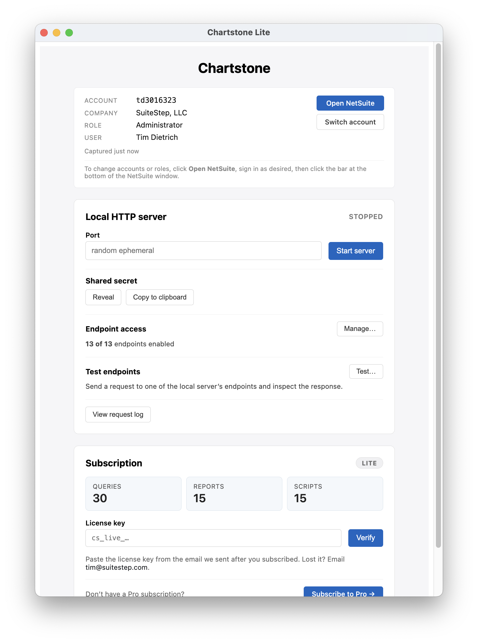 The Chartstone control panel showing the connected NetSuite account, the local HTTP server, endpoint access, and the Lite-tier subscription card.
