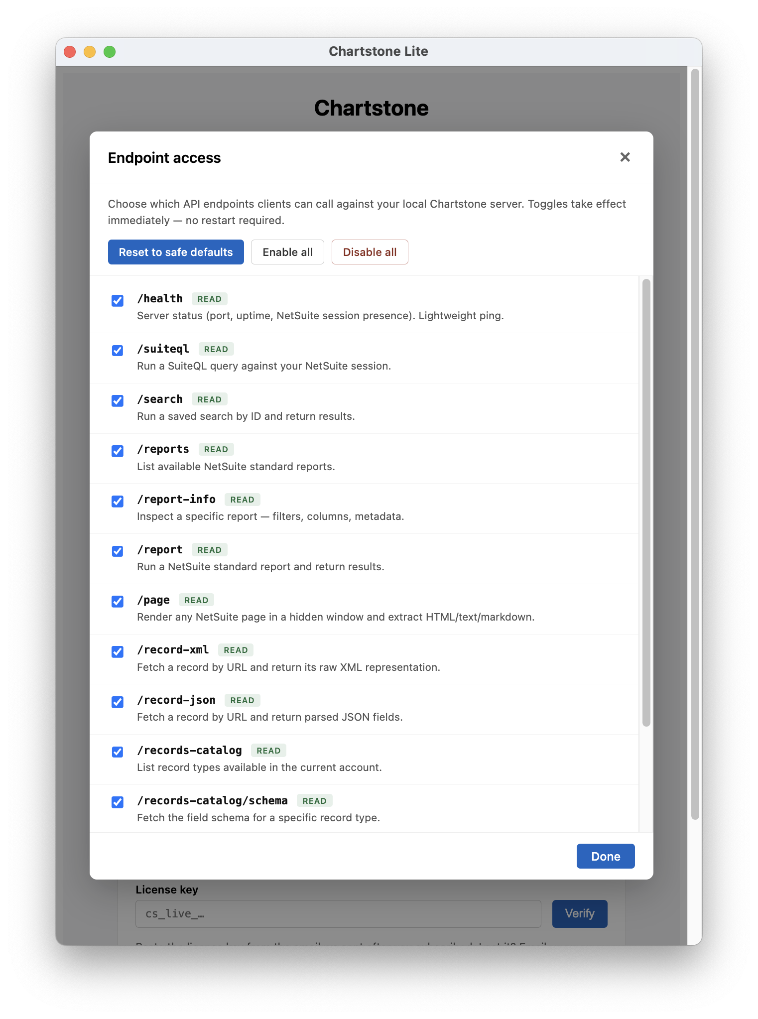The Manage Endpoints modal listing all 15 Chartstone endpoints with their tier badges and enable toggles.