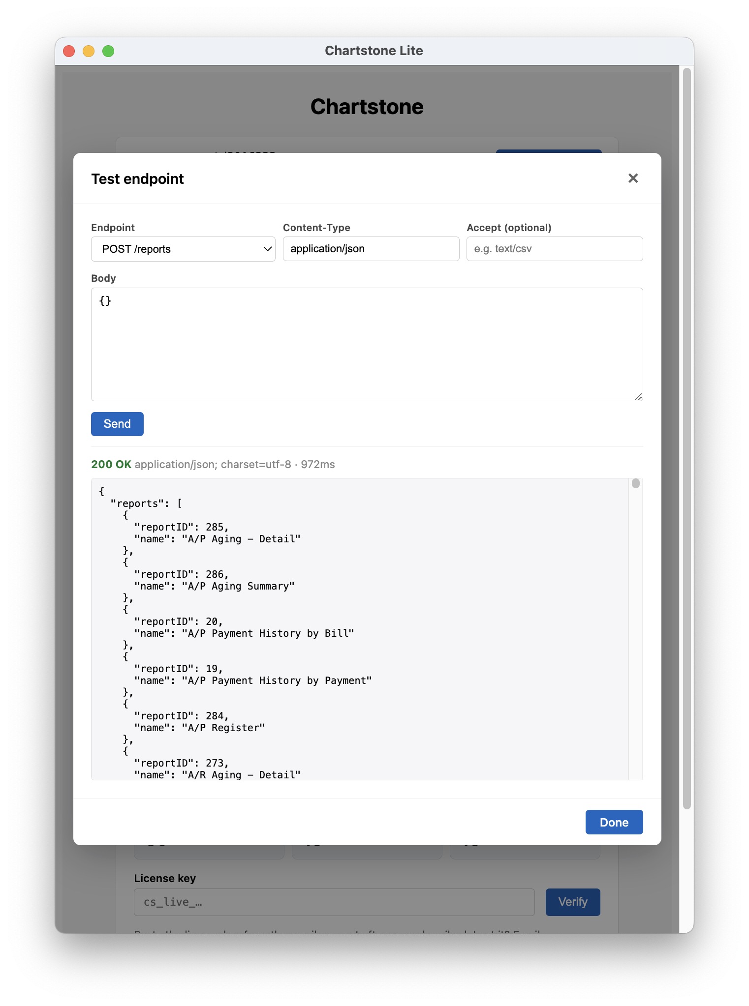 The Test endpoint dialog showing a POST /reports call and the live JSON response.