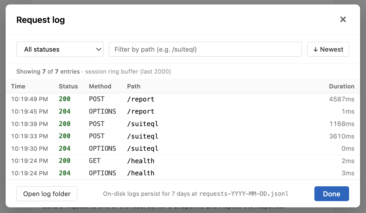 The Request log dialog listing recent requests with timestamp, status, method, path, and duration.